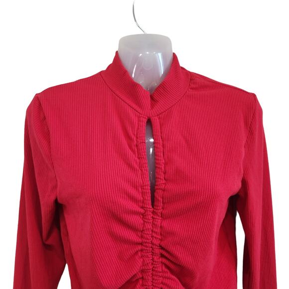 Full Circle Trends Ribbed Long Sleeve Cropped Top Ruched Tie Front Red Size L - Picture 4 of 9